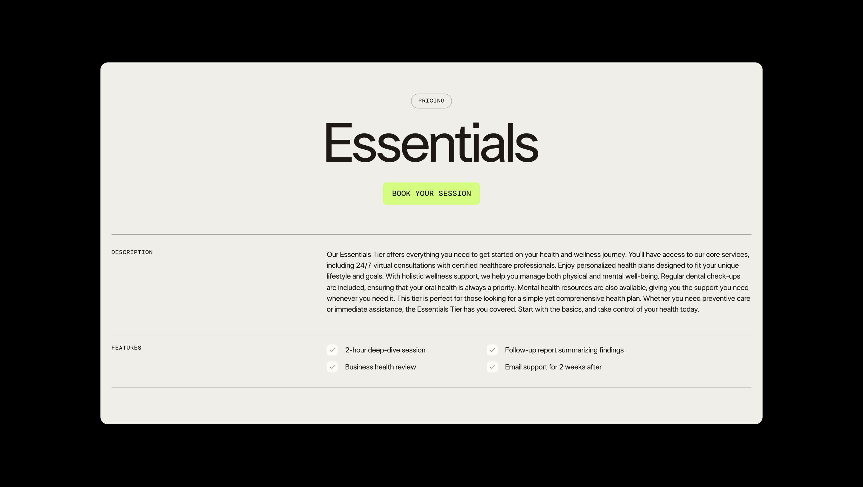 Pricing Tier Detail Page